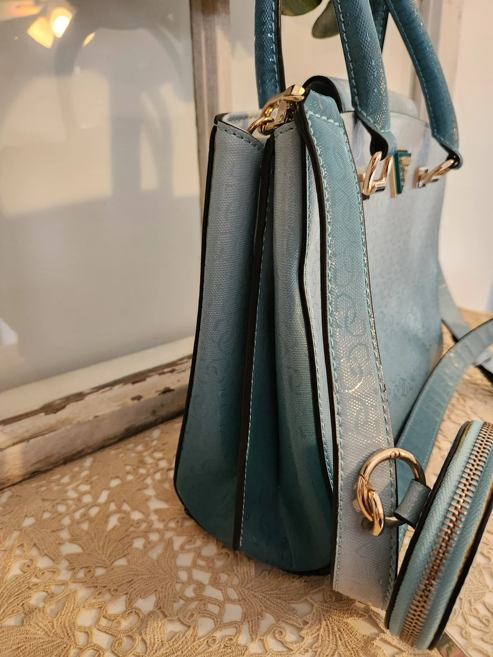 GUESS Blue Ombre Satchel with Removable Crossbody Strap And Matching Changebag